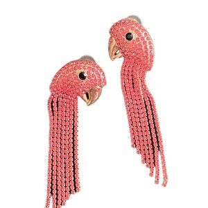Long Pink Rhinestone Post Dangle Parrot Flamingo Earrings